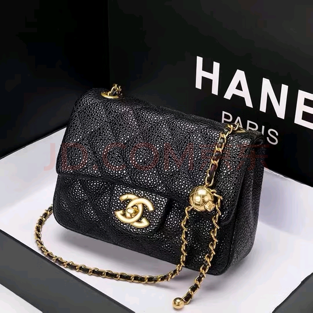 Chanel香奈儿真皮包包女士包菱格包时尚小金球方胖子包潮流专用包 黑色鱼子酱