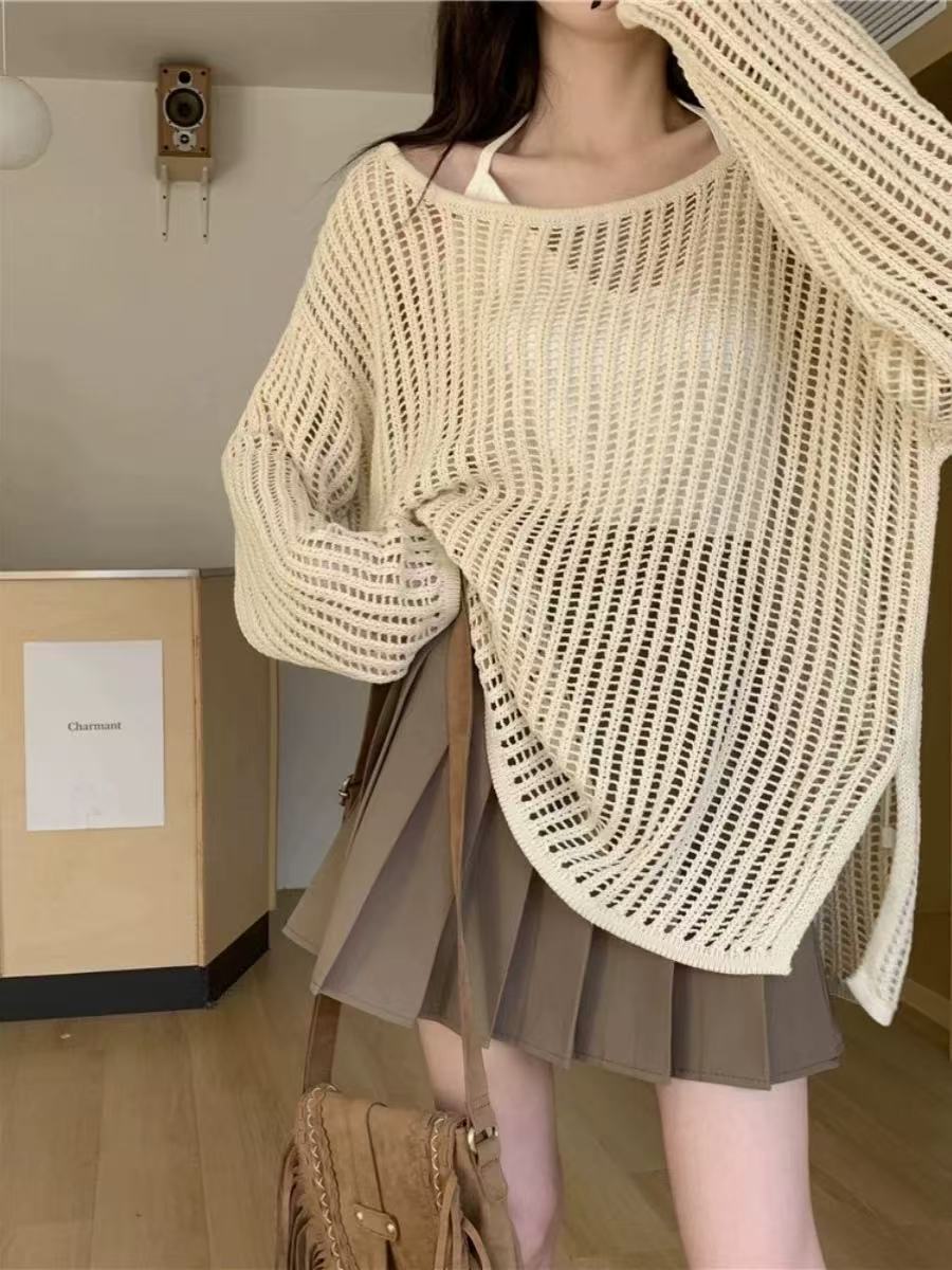 韩系缕空针织罩衫早春秋夏装新款宽松外穿搭叠穿中长款慵懒风上衣