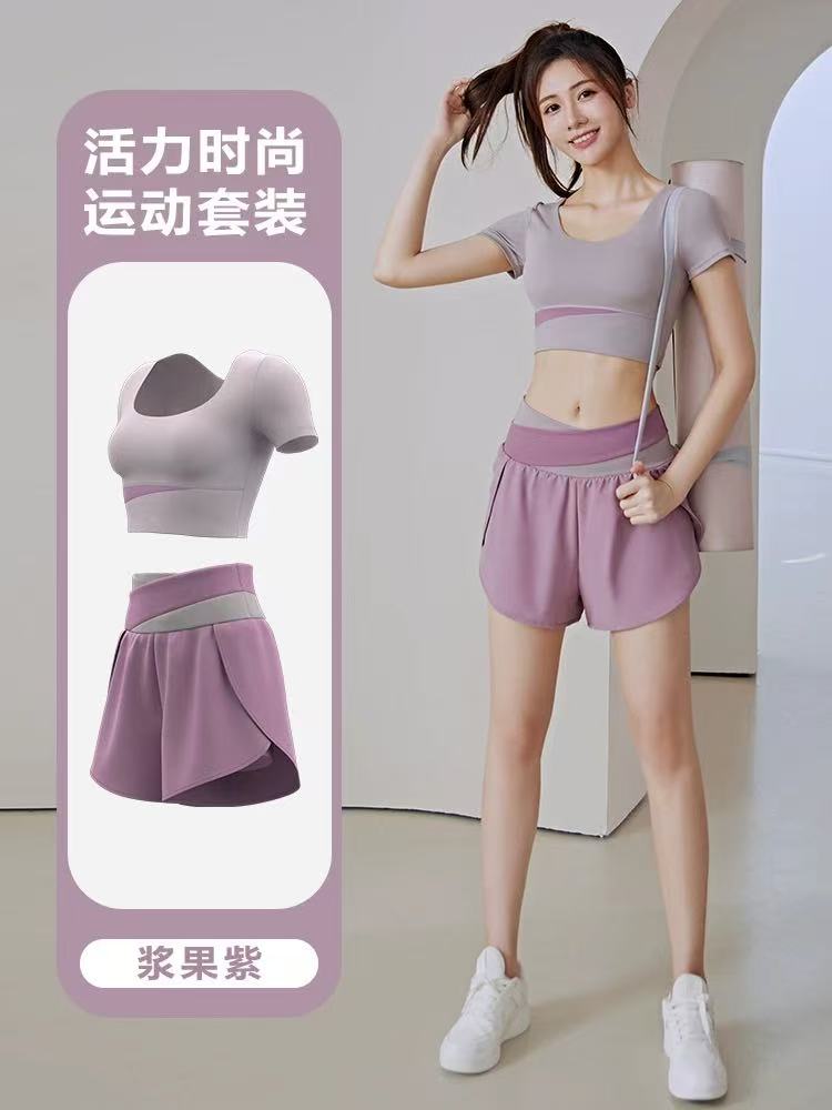 瑜伽服女2025夏季新款专业普拉提训练晨跑步大码健身套装运动上衣