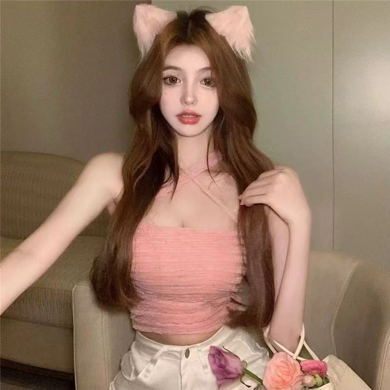 纯欲天花板斩男短款心机挂脖褶皱垫带背心女设计感夏季美背上衣
