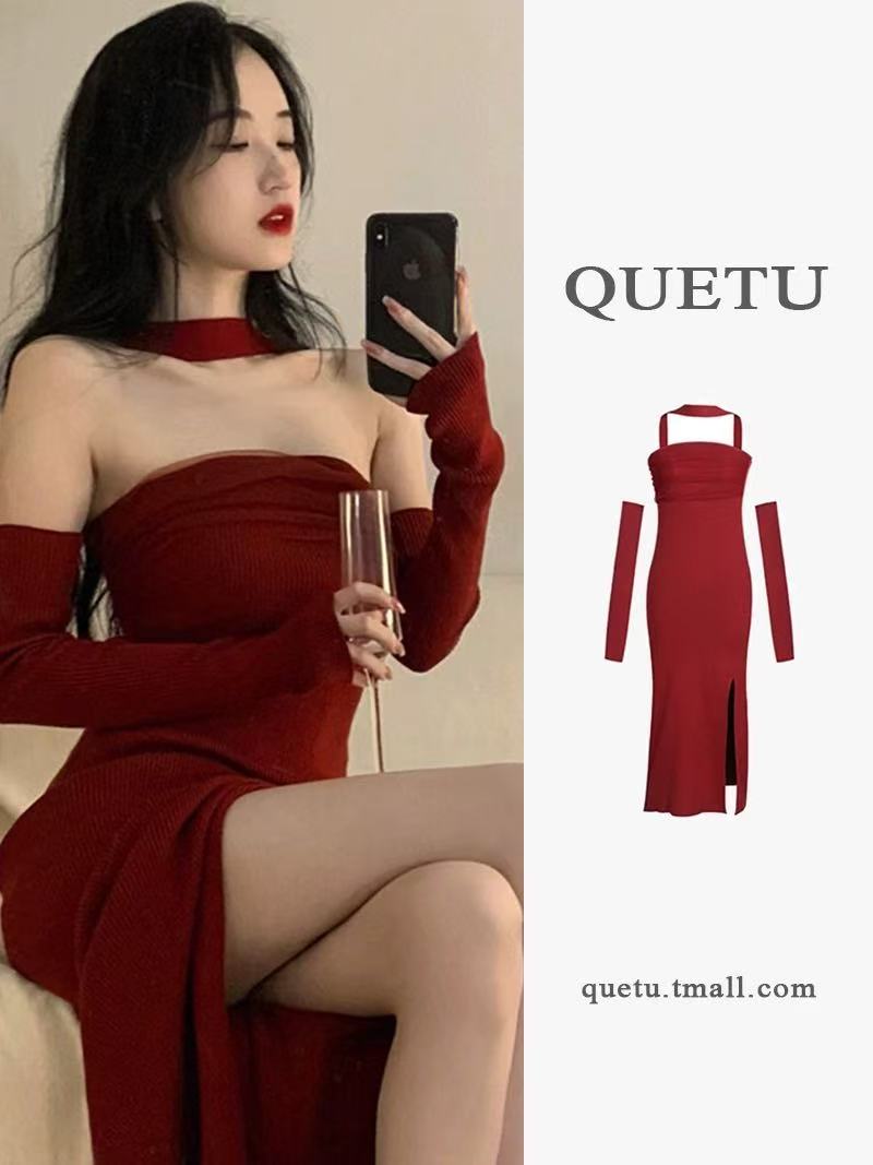 红色过年穿搭战袍挂脖针织高开叉连衣裙女春季新款性感包臀短裙子