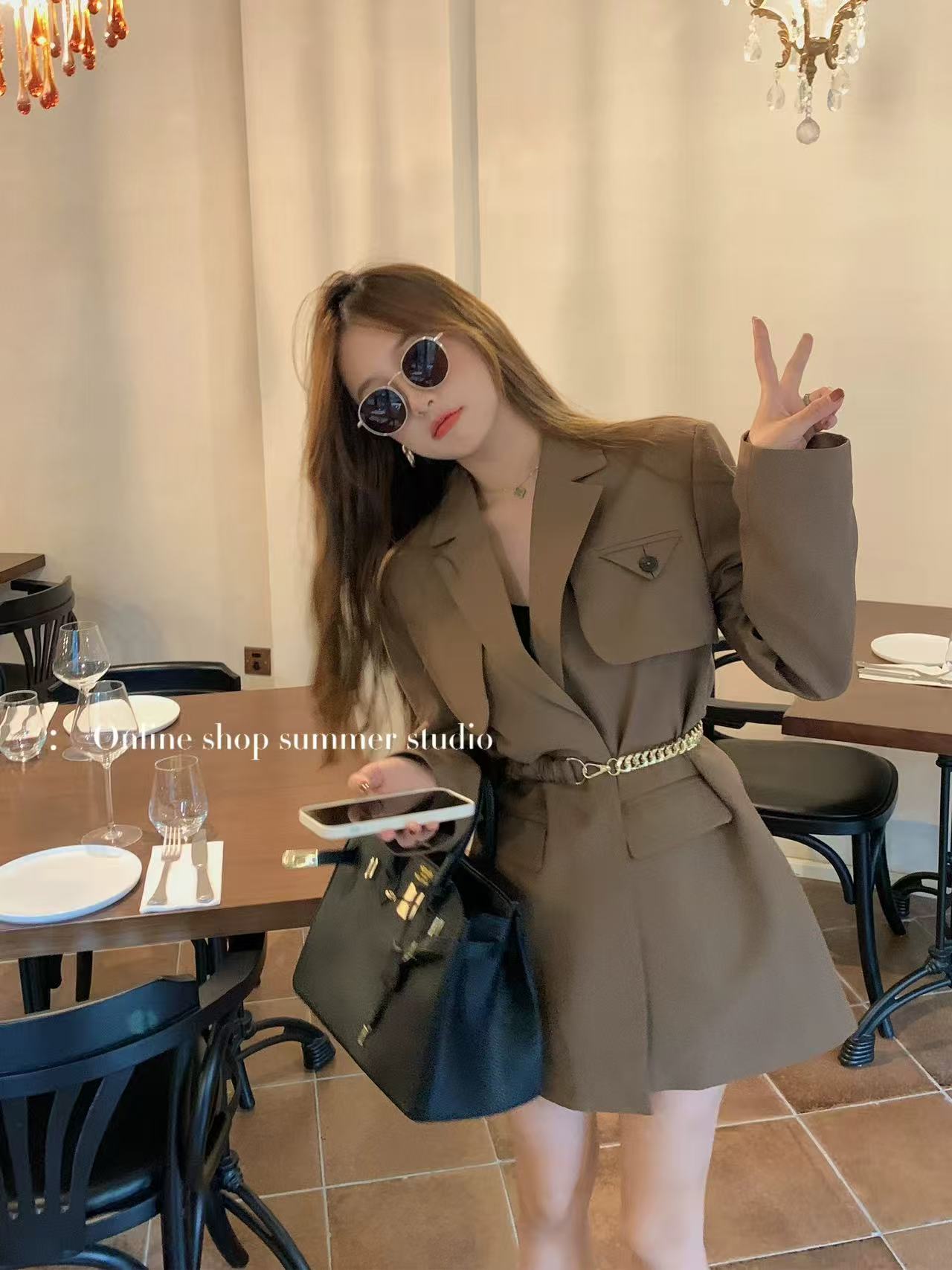 夏天家2021秋冬款新款咖色西装外套女厚款西服设计感小众毛呢大衣